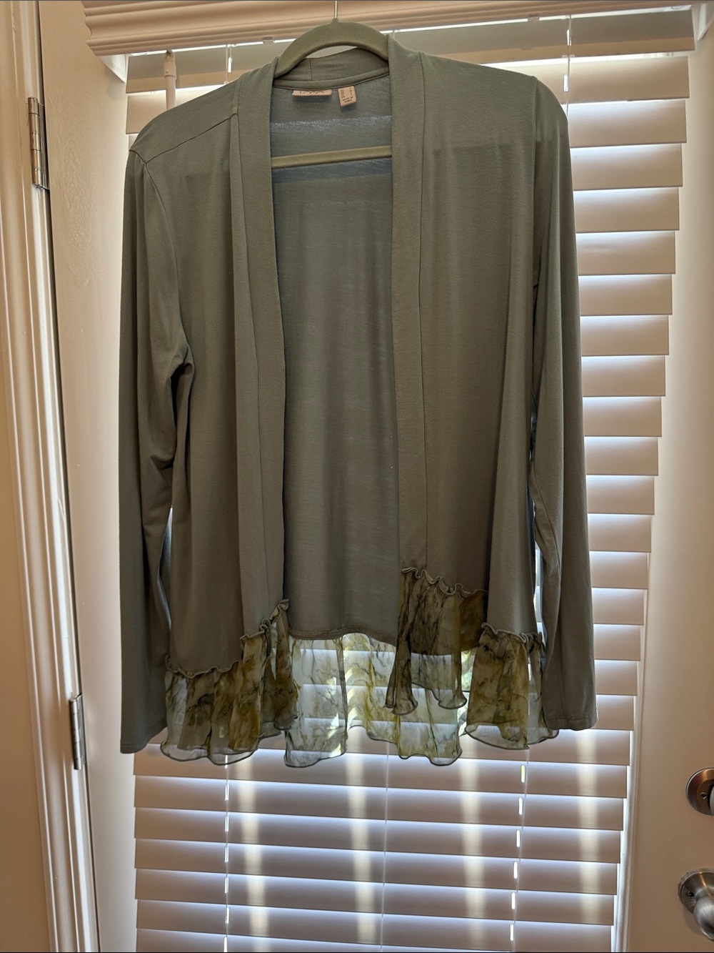 LOGO by Lori Goldstein Sage Green Lightweight Cardigan with Sheer Ruffle Trim